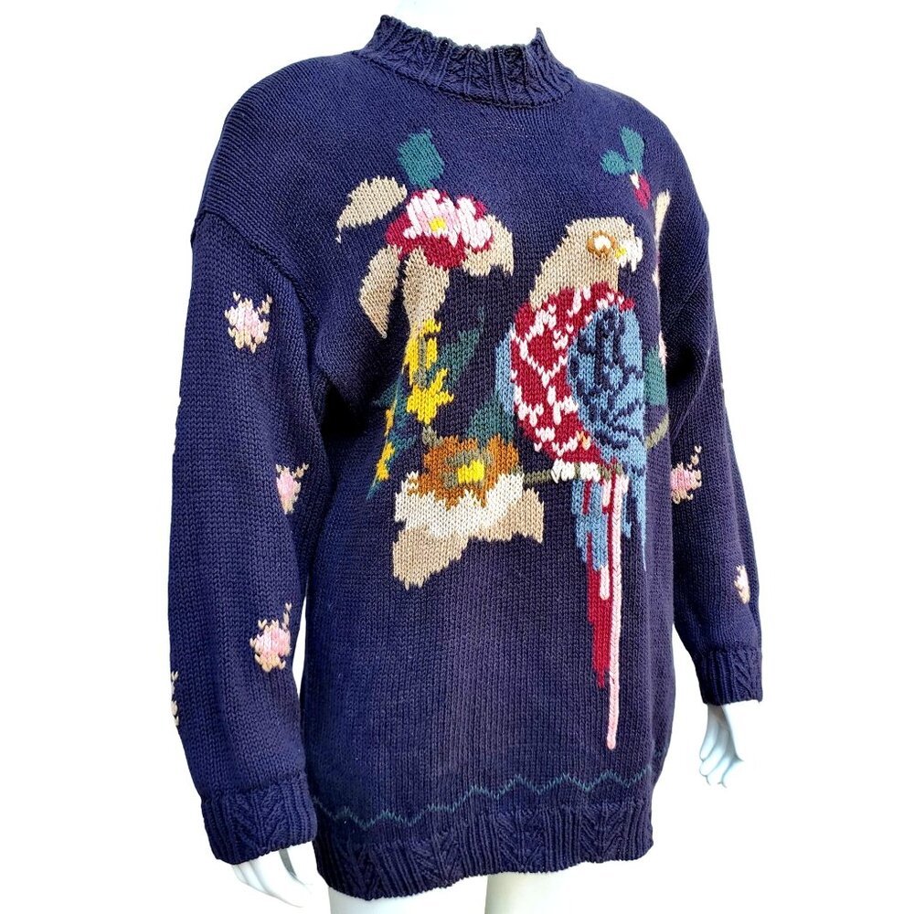 80s Sweater Plus Size Black Knit Parrot Tarazzia Cotton Volup Vintage Hong Kong - Picture 12 of 15